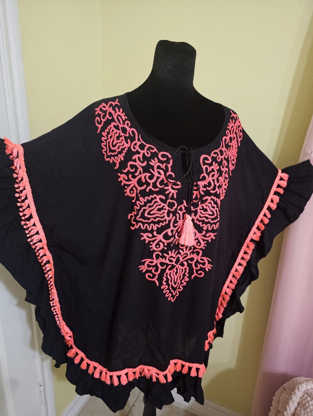 Black Tunic with Neon Pink Embroidered Detail and Tassel Tie